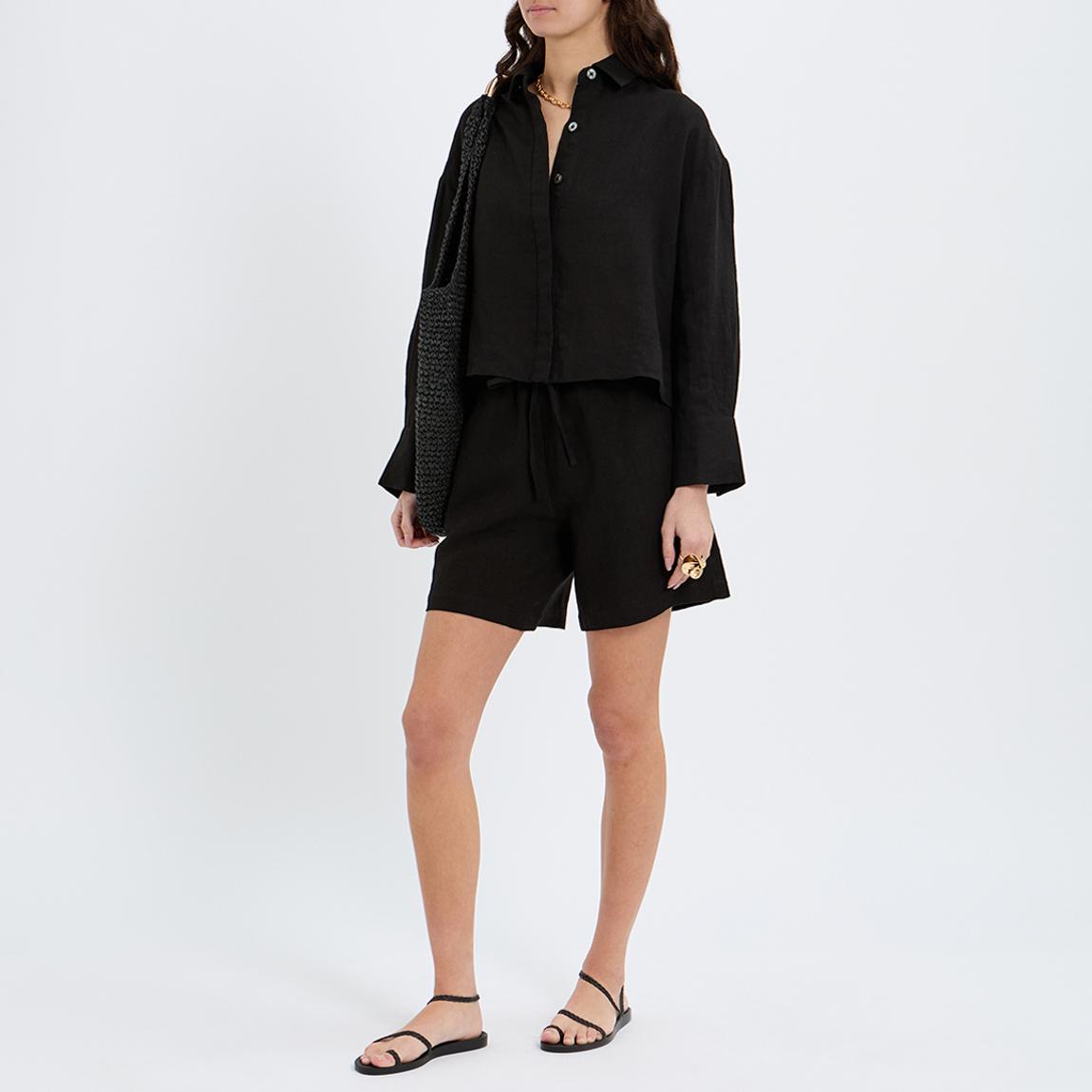 Black Linen Tie Waist Short main product photo