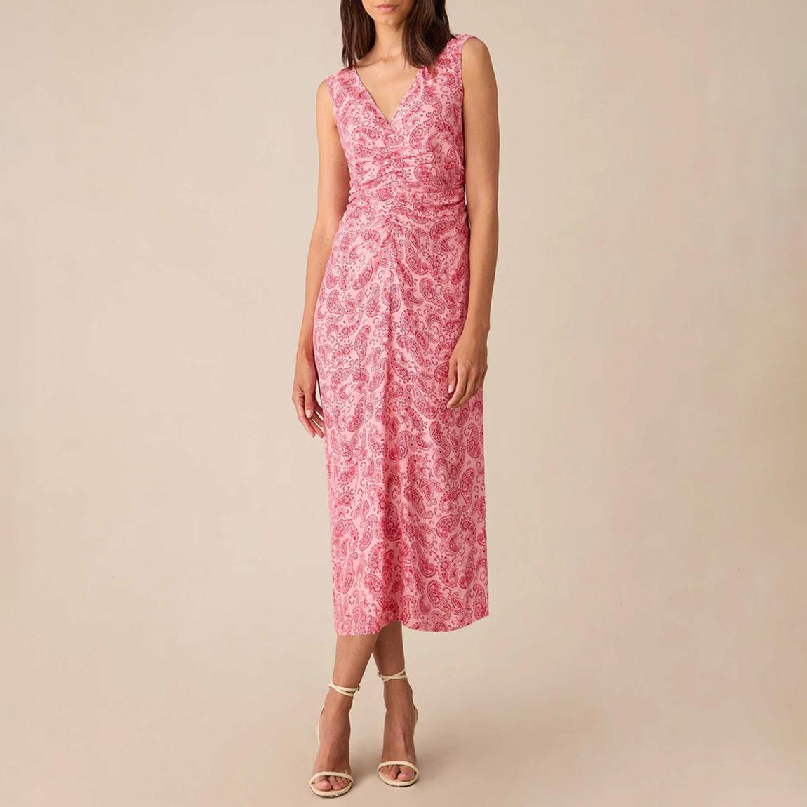 Pink Paisley Ruched Front V-Neck Midi Dress main product photo
