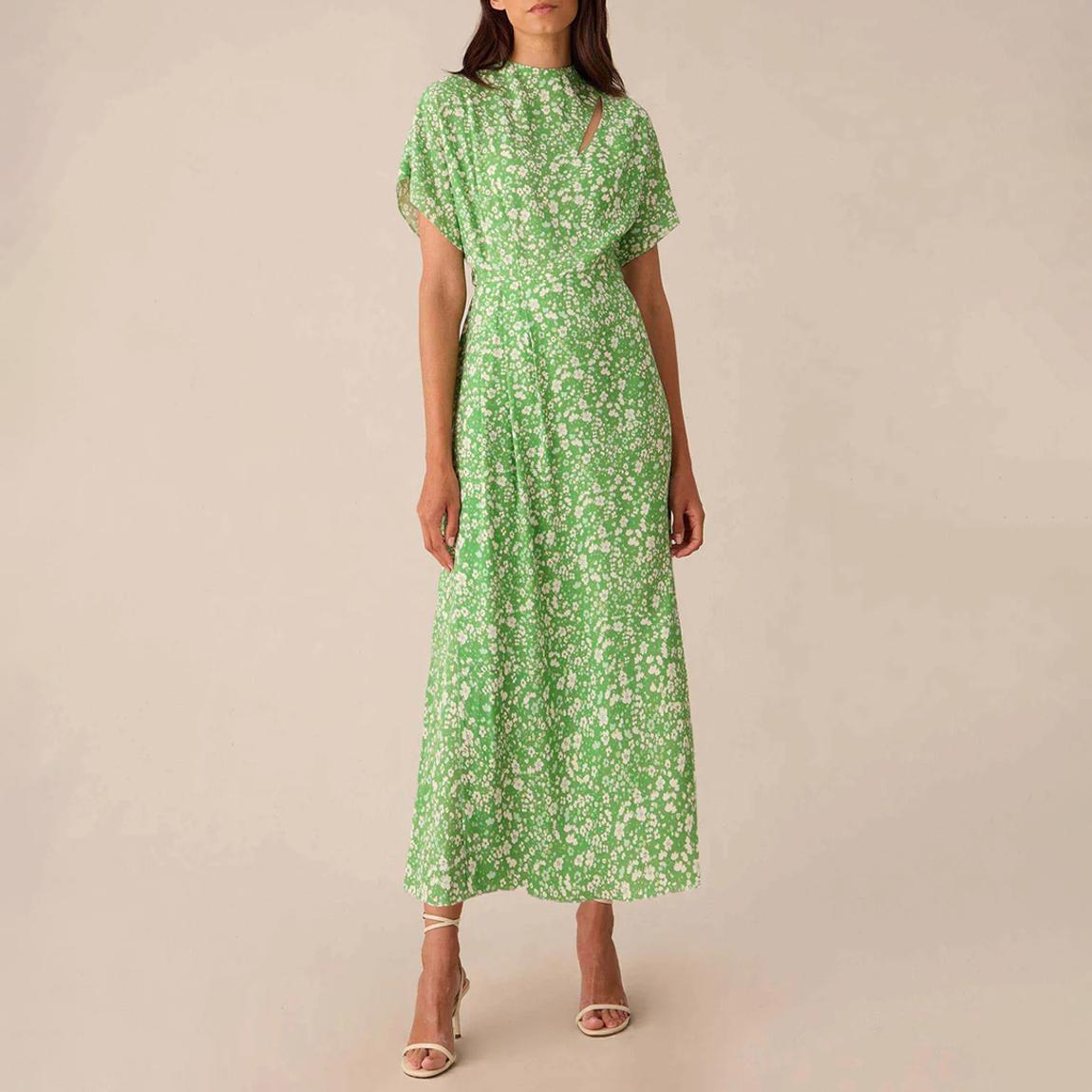 Green Ditsy Print Tuck Waist Midi Dress main product photo