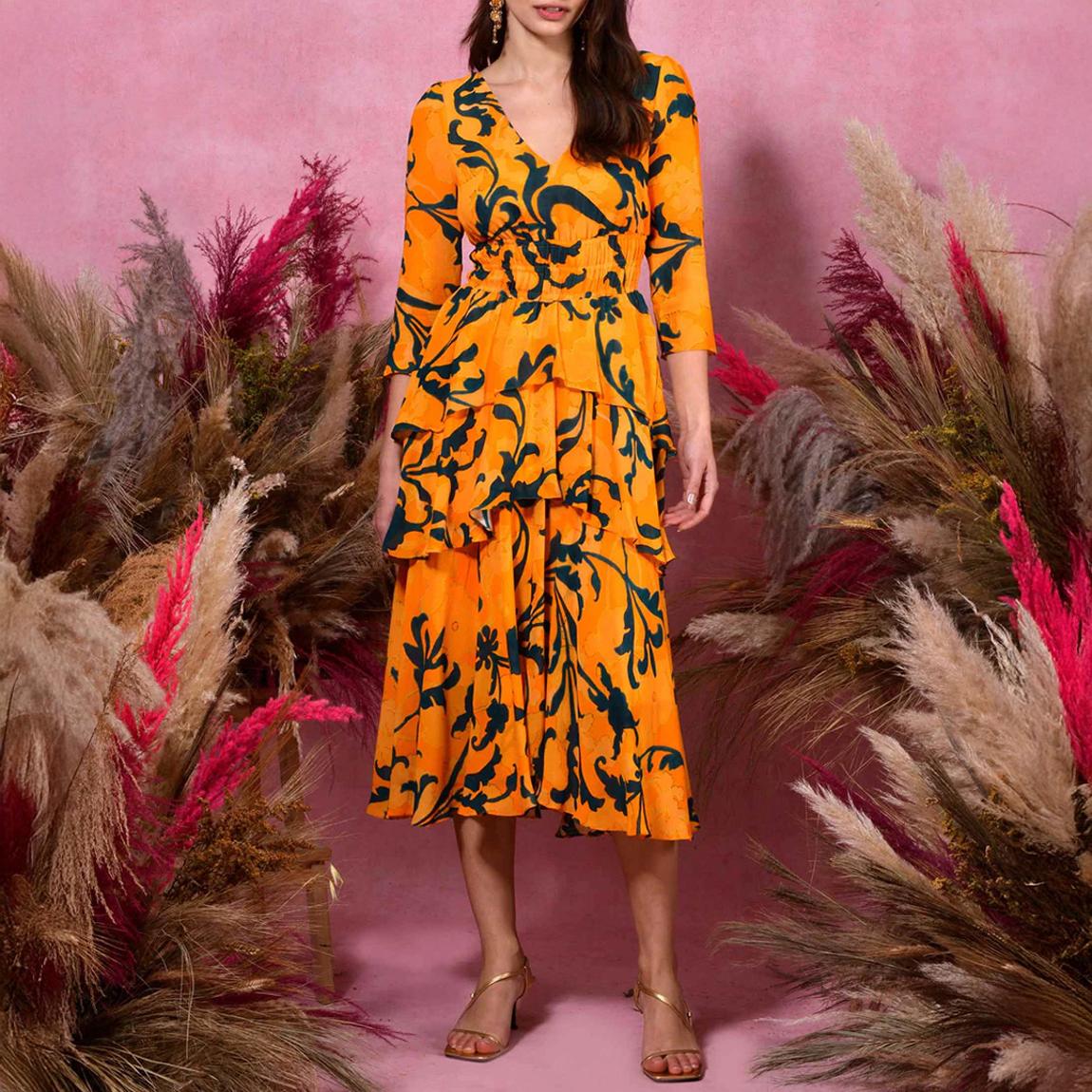 Ochre Swirl Print Tiered Maxi Dress main product photo