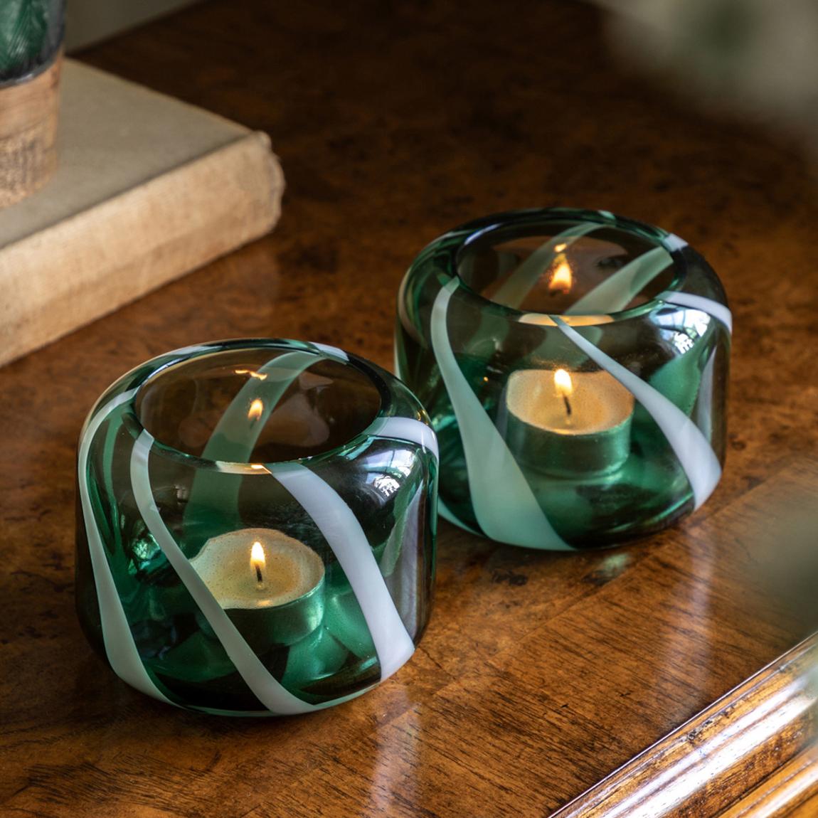 Set of 2 Candy Stripe Tealight Holder, Green main product photo