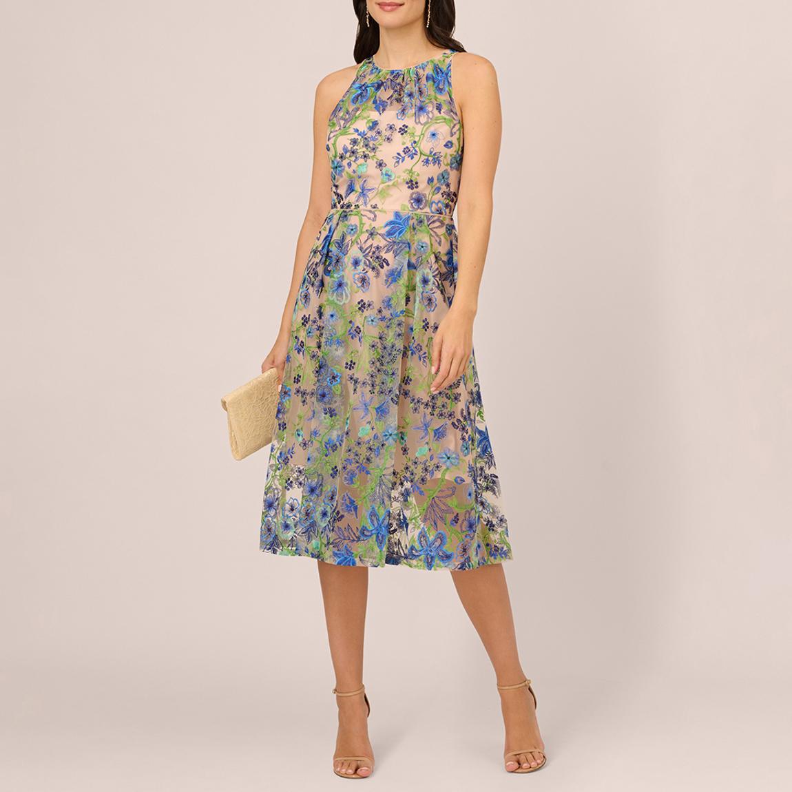 green emerald velvet dress Floral Embroidery Illusion Midi Dress In Ivory Gold