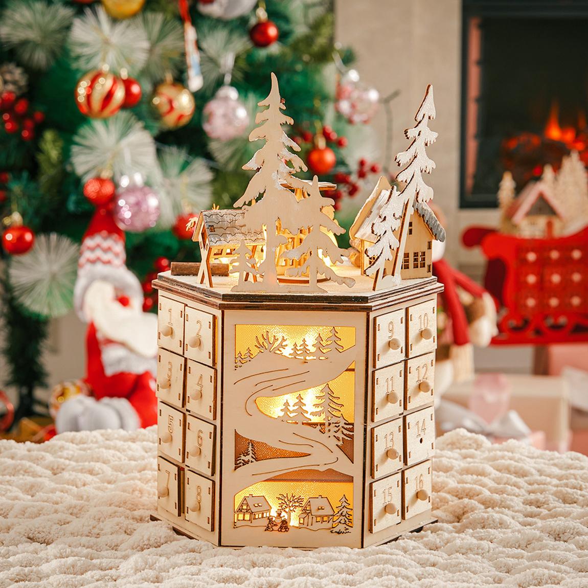 Christmas Wooden Rotating Countdown Calendar Music Box with Light main product photo
