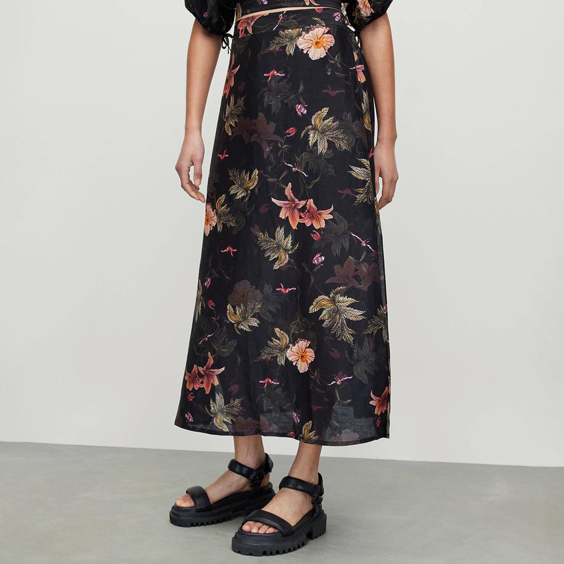 All Saints Black Floral Asta Viviana Silk Linen Blend Maxi Skirt