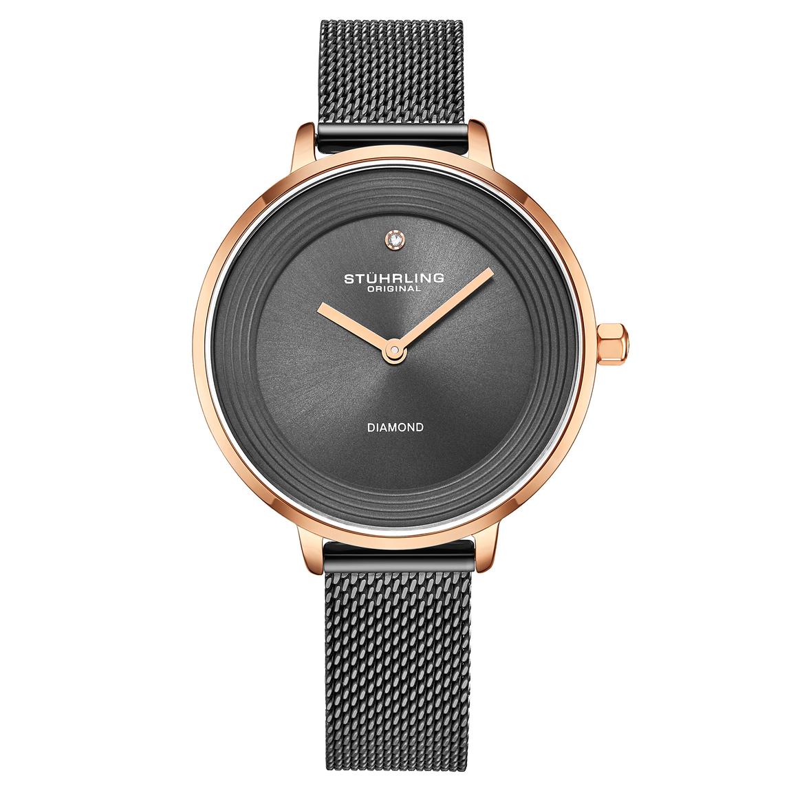 Women's Mesh Diamond Watch, Rose Tone Case on Gun Metal Grey PVD Mesh Bracelet main product photo