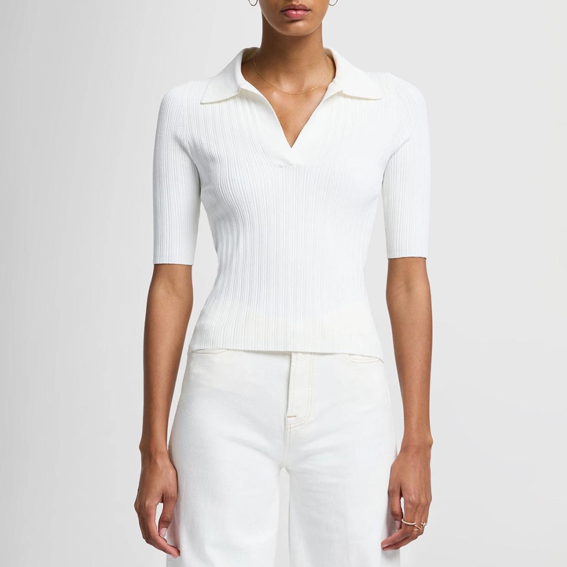 White Henley Rib Knit Open Polo Top main product photo