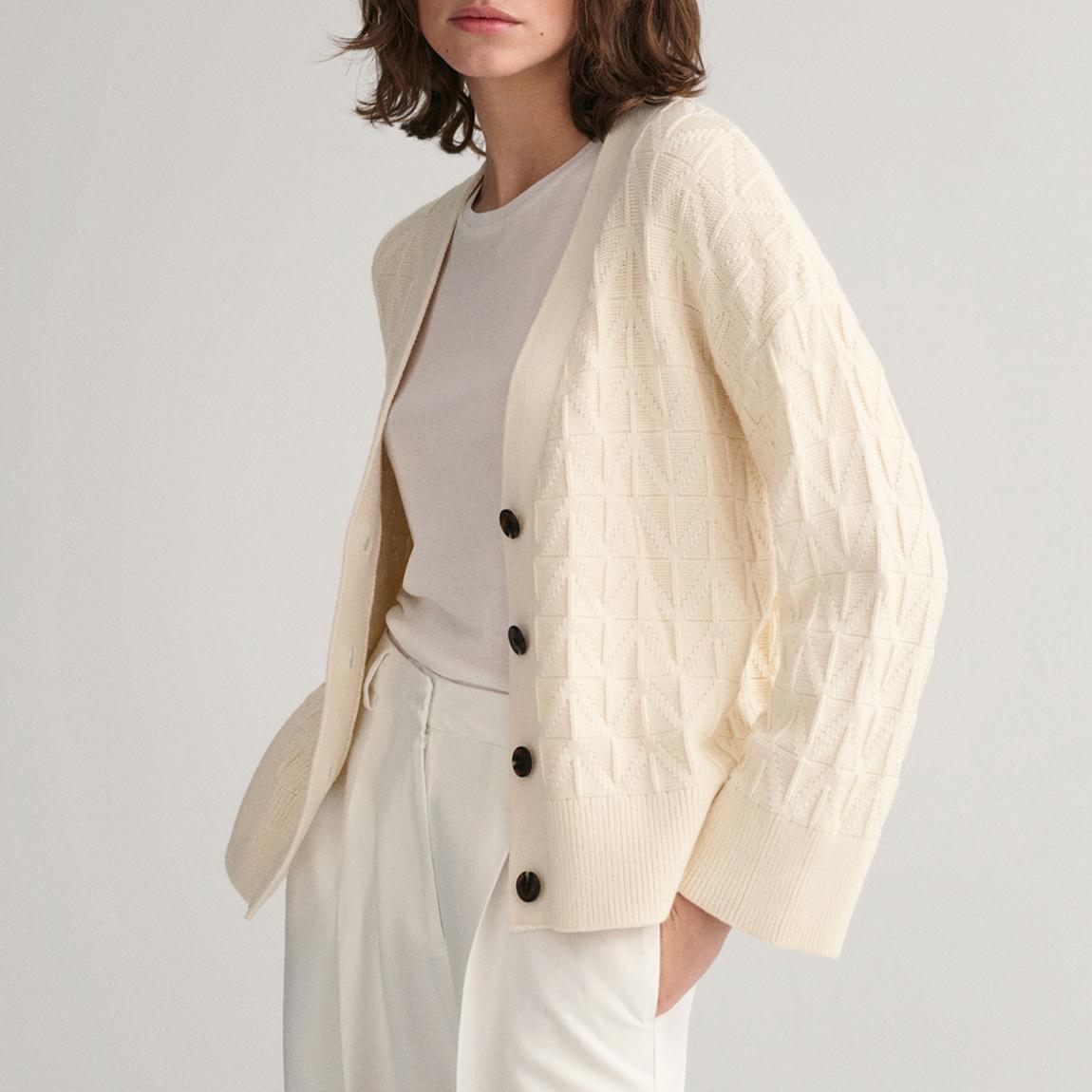 White Herringbone V-Neck Cardigan main product photo