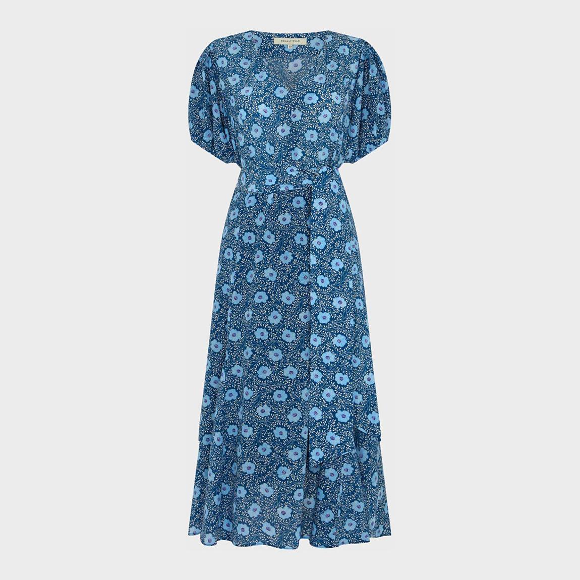 Teal Bray Floral Printed Silk Midi Dress main product photo