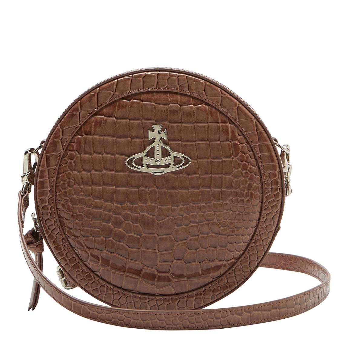 Brown Shiny Vegan Croc Ruby Round Crossbody Bag With Leather St main product photo