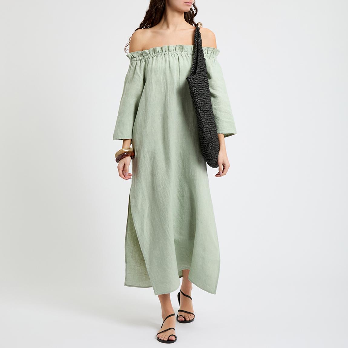 N Eleven Sage Linen Bardot Dress - BrandAlley N Eleven Sage Linen Bardot Dress - BrandAlley