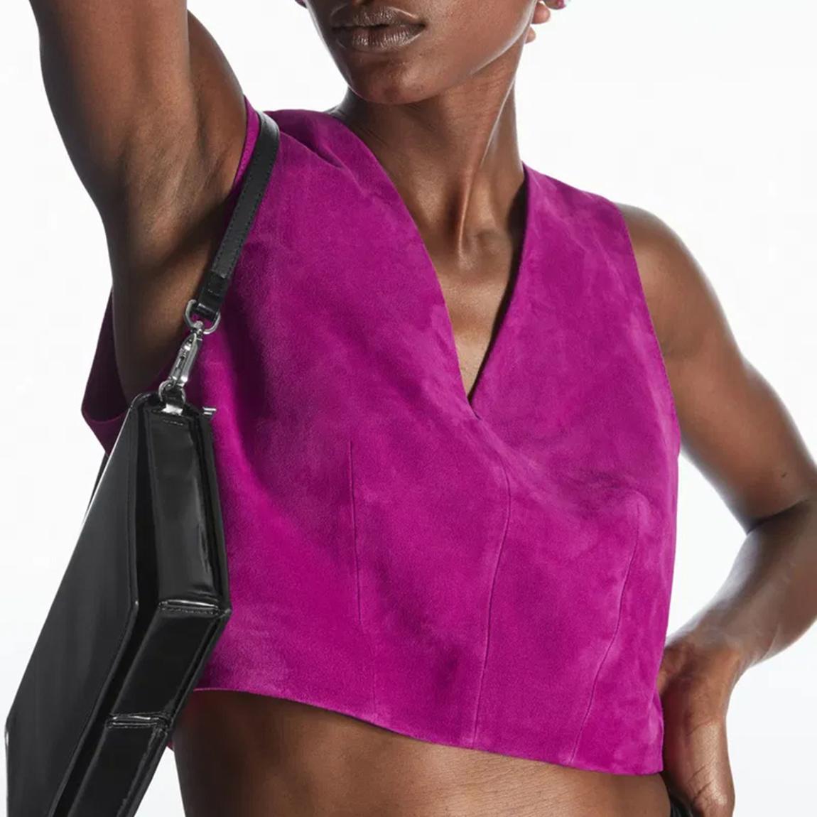 Purple Cropped V-Neck Suede Top main product photo