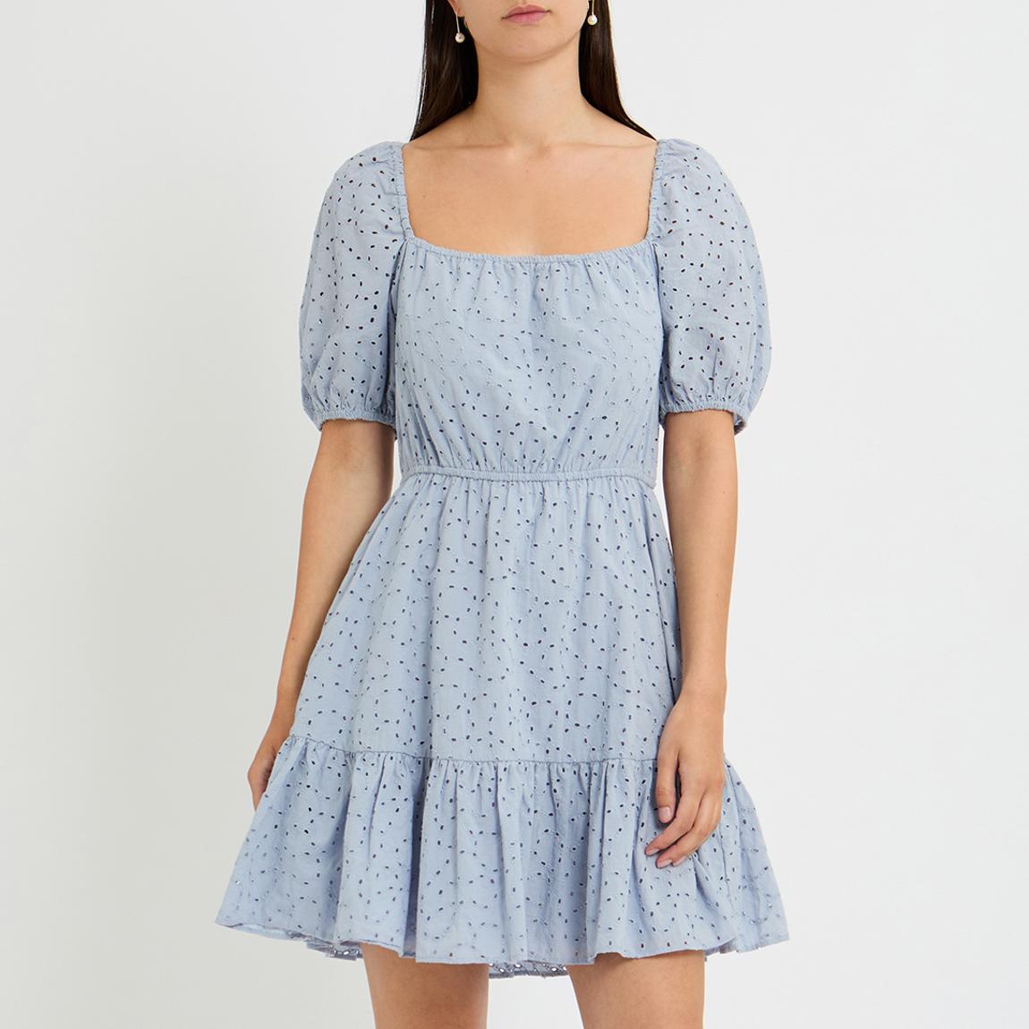 & Other Stories Dusty Blue Broderie Anglaise Mini Dress - BrandAlley