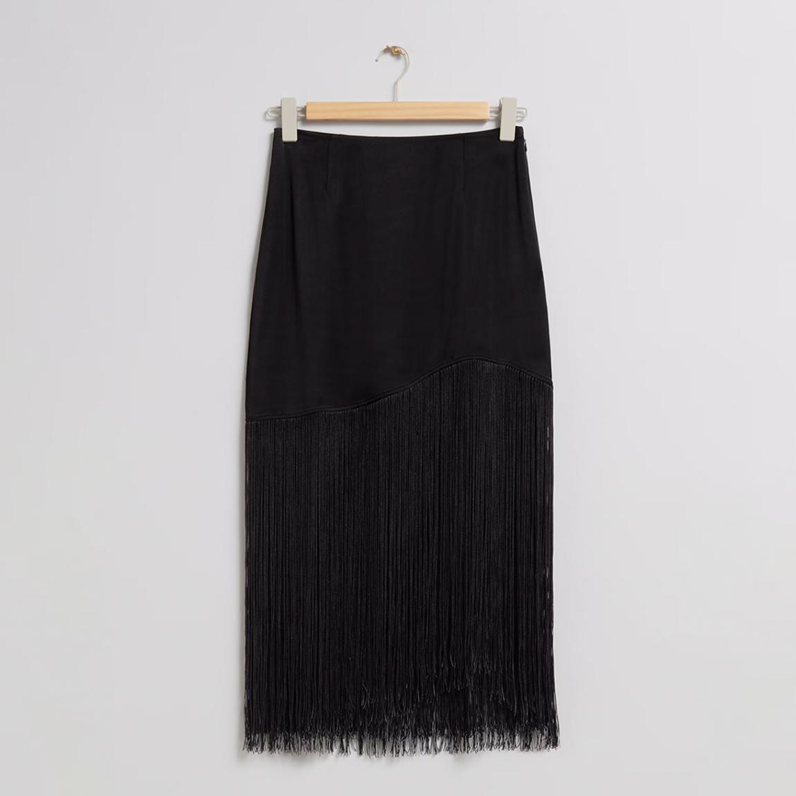 Black Asymmetric Fringe Midi Skirt main product photo