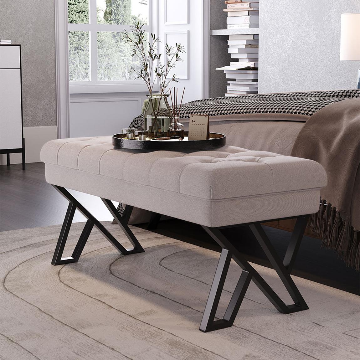 Mid Century Metal Upholstered Bench - Beige main product photo