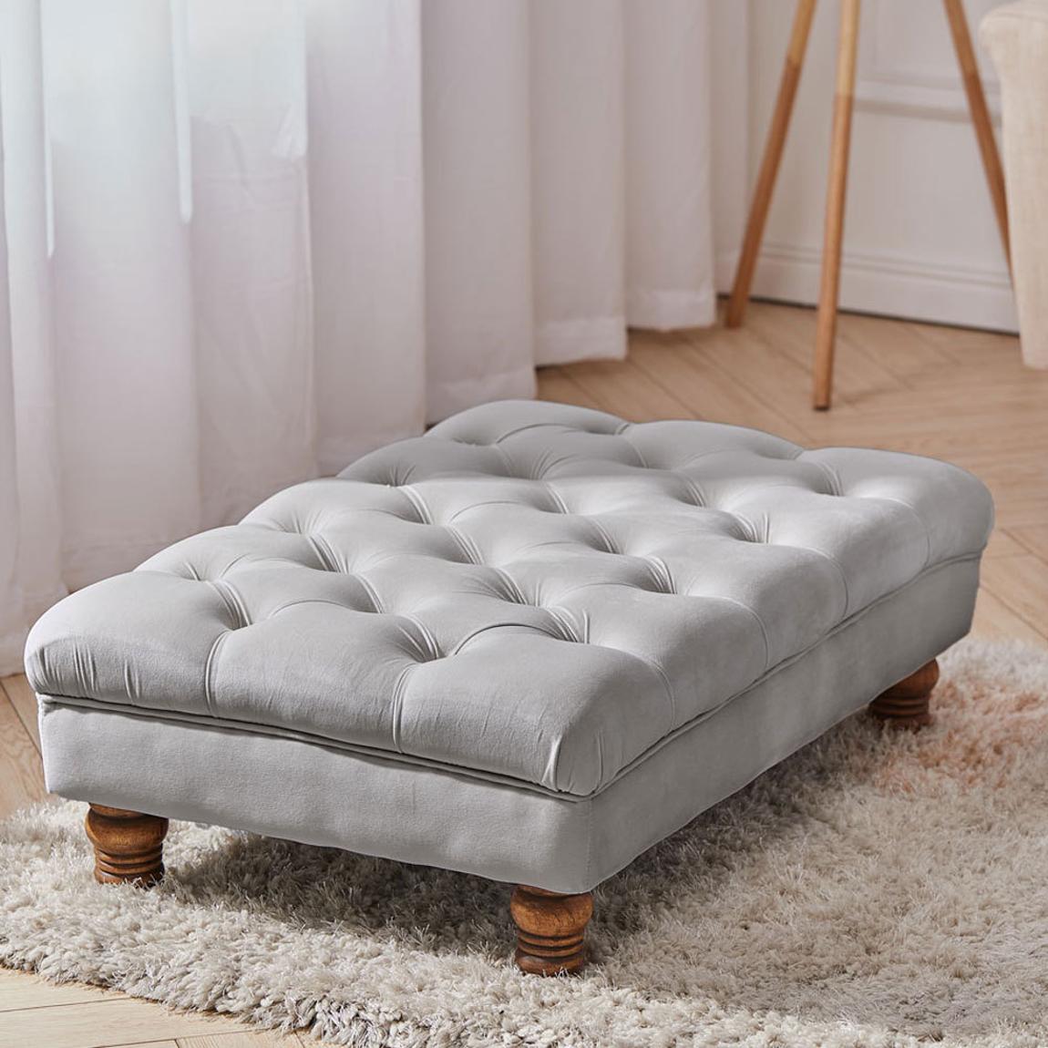 Buttoned Velvet Rectangular Ottoman Footstool with Legs - Grey main product photo