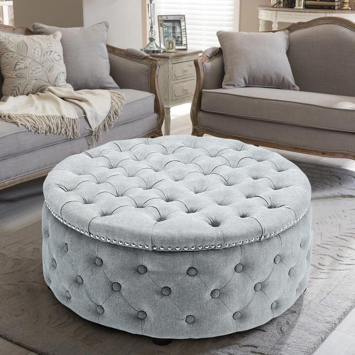 Round Linen Deep Buttoned Ottoman with Studded Edge - Grey main product photo