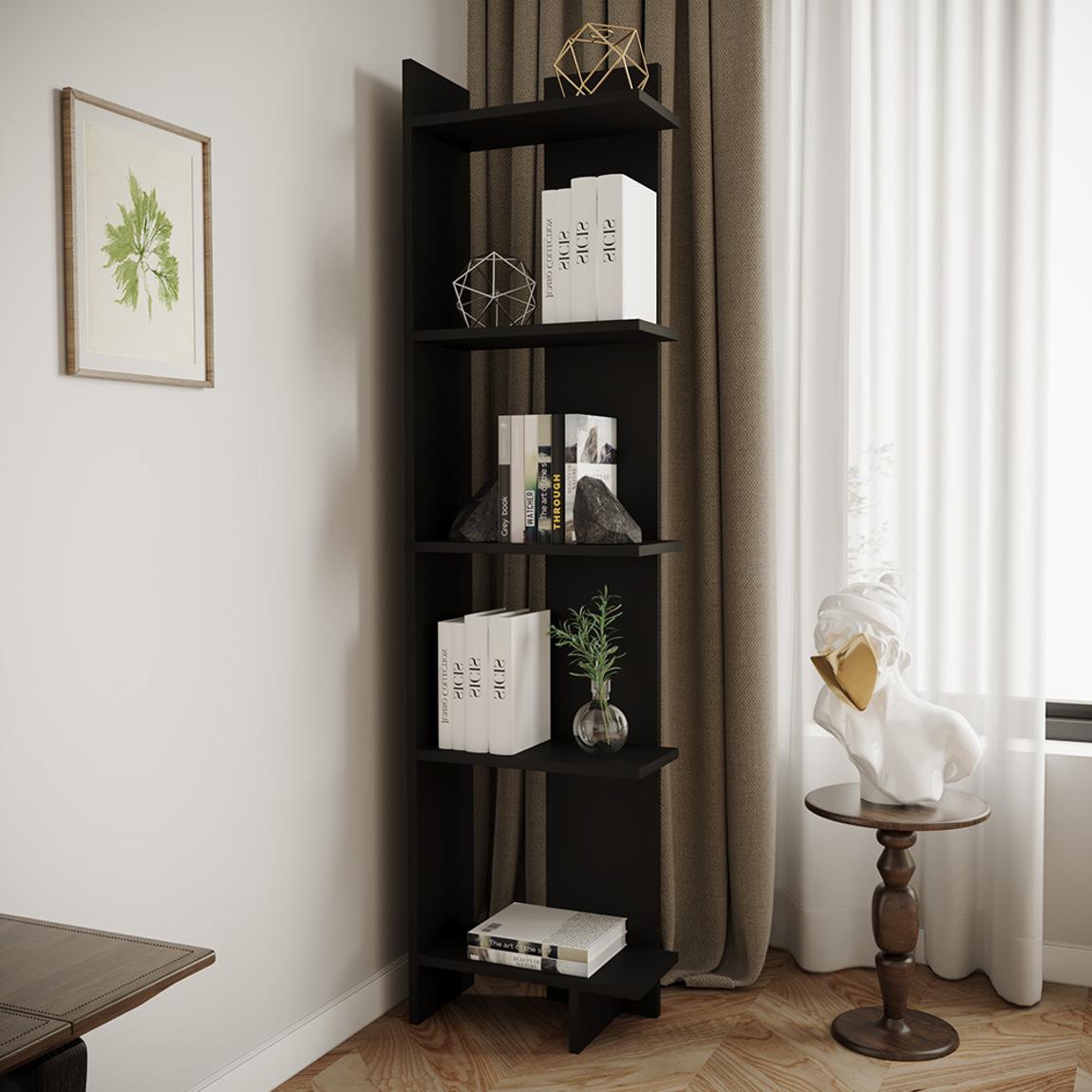Industrial 5-Tier Corner Bookshelf Shelf Unit - Black main product photo
