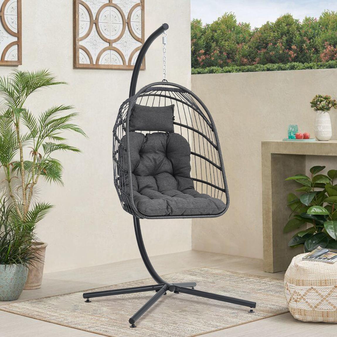 Black Rattan Round Hanging Chair with Stand and Cushion main product photo