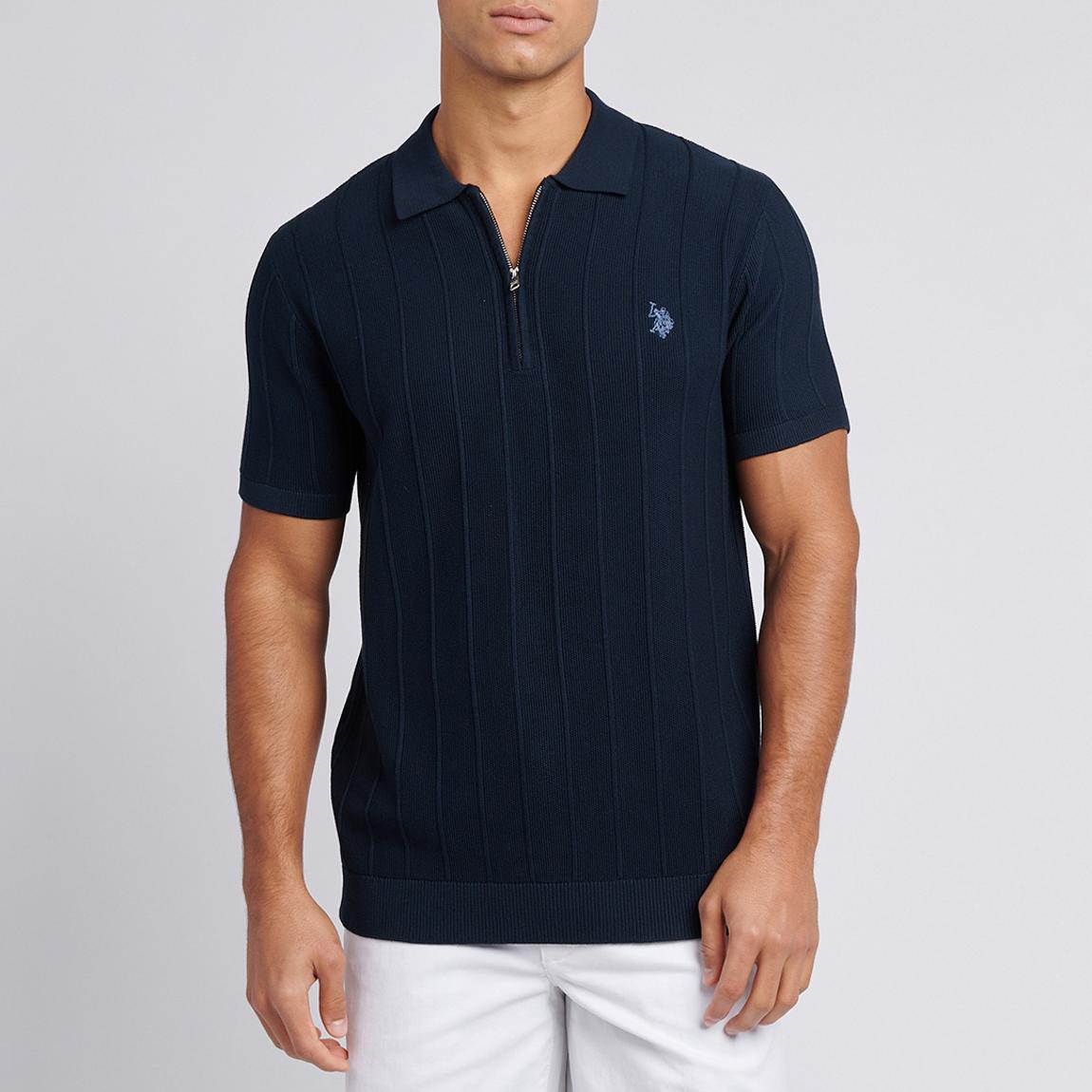 Navy Rib Knit Zip Polo Top main product photo