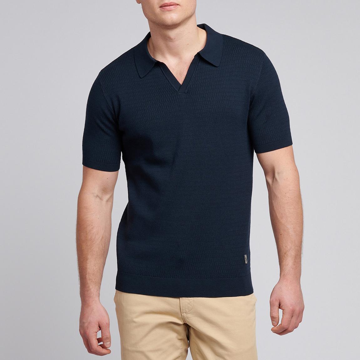 Navy Open Collar Textured Knit Polo Top main product photo