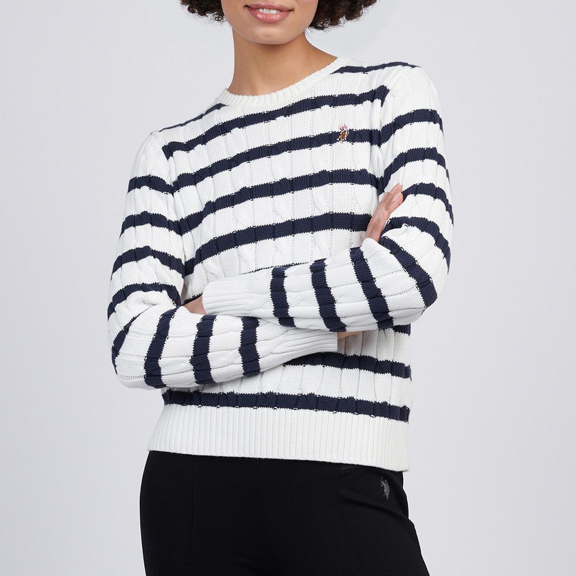 White Navy Thin Stripe Cable Knit Jumper main product photo