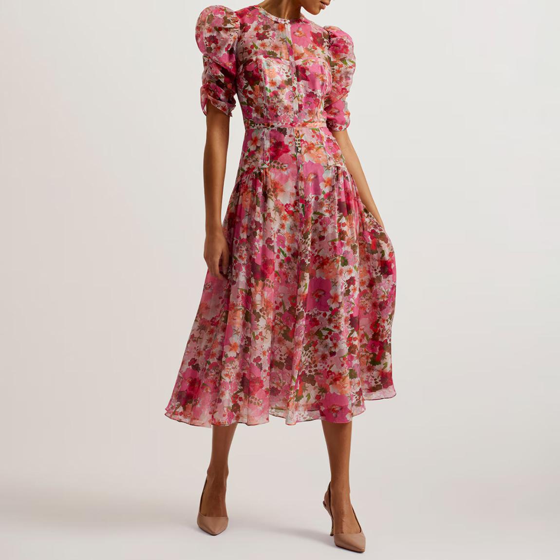 Ted Baker Pink Botani Puff Sleeve Midi Dress - BrandAlley