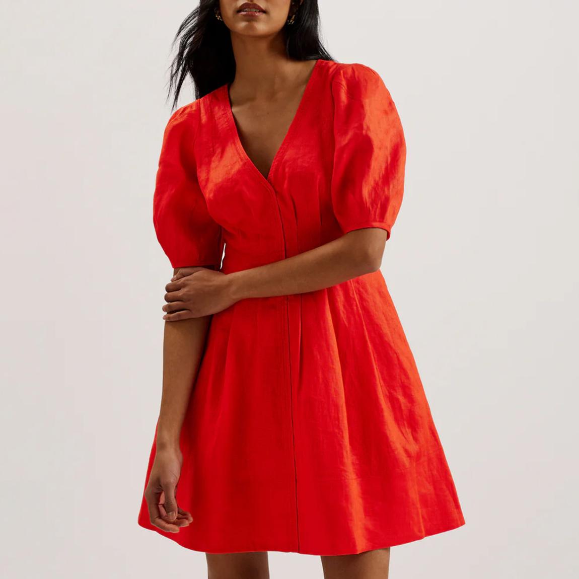 Red Koyo Linen Puff Sleeve Mini Dress main product photo