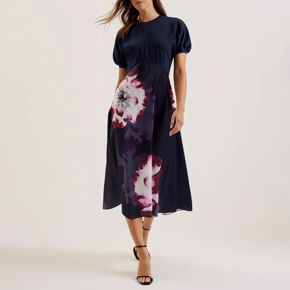 Navy Mitzic Ponte Bodice Printed Satin Dress main product photo