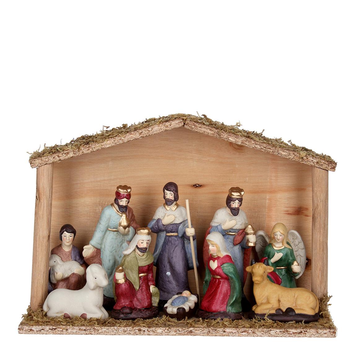 Ceramic Nativity Figures in Wood Stable Ornament main product photo