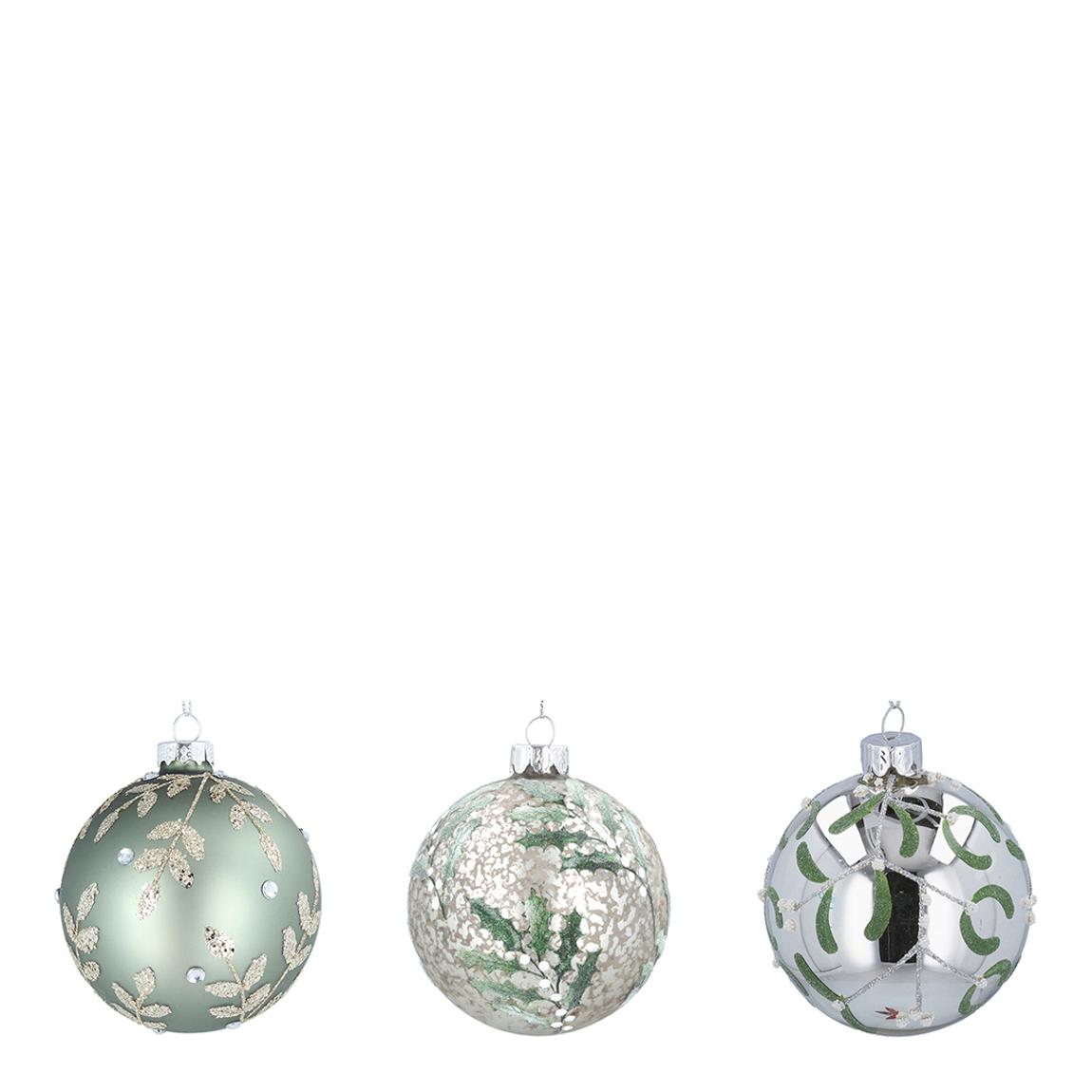Box of 6 Sage/White/Silver Glass Baubles main product photo