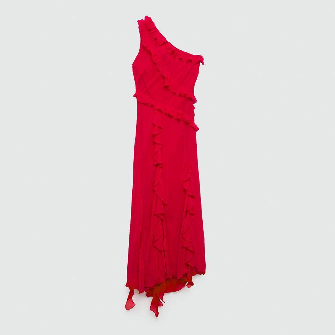 Mango Red Asymmetric Ruffled Dress - BrandAlley