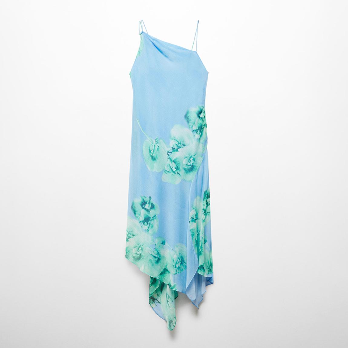 Mango Sky Blue Asymmetrical Floral Dress - BrandAlley
