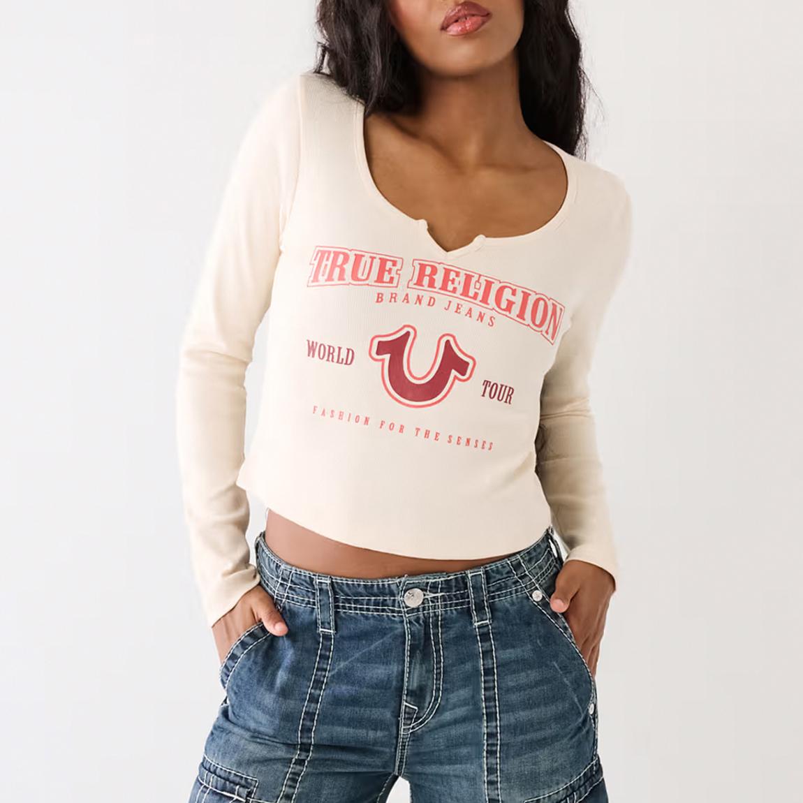 White Ribbed Notch Long Sleeve Top main product photo