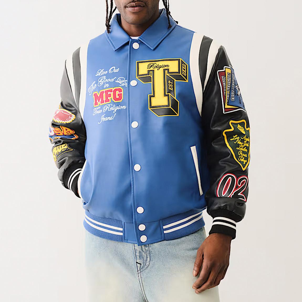 Blue Faux Leather Patch Embroidery Varisty Jacket main product photo