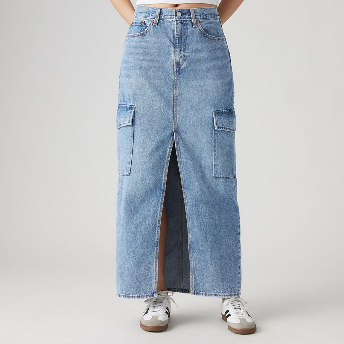 Light Blue Patch Pocket Denim Midi Skirt main product photo