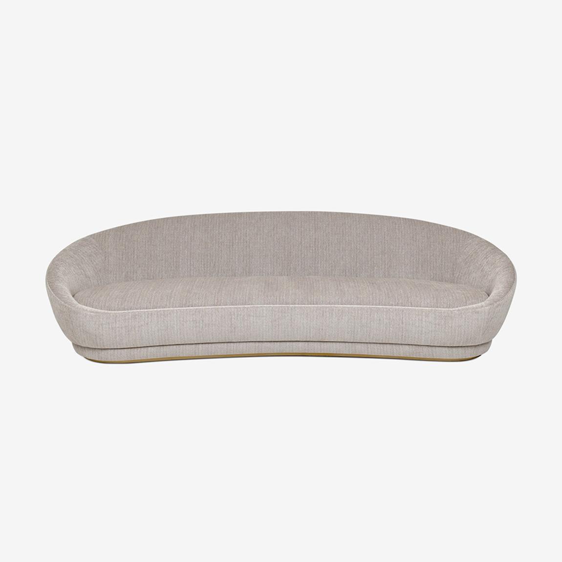 Luna 4 Seater Curved Sofa in Kingsman Mouse Fabric & Metallic Brushed Brass main product photo