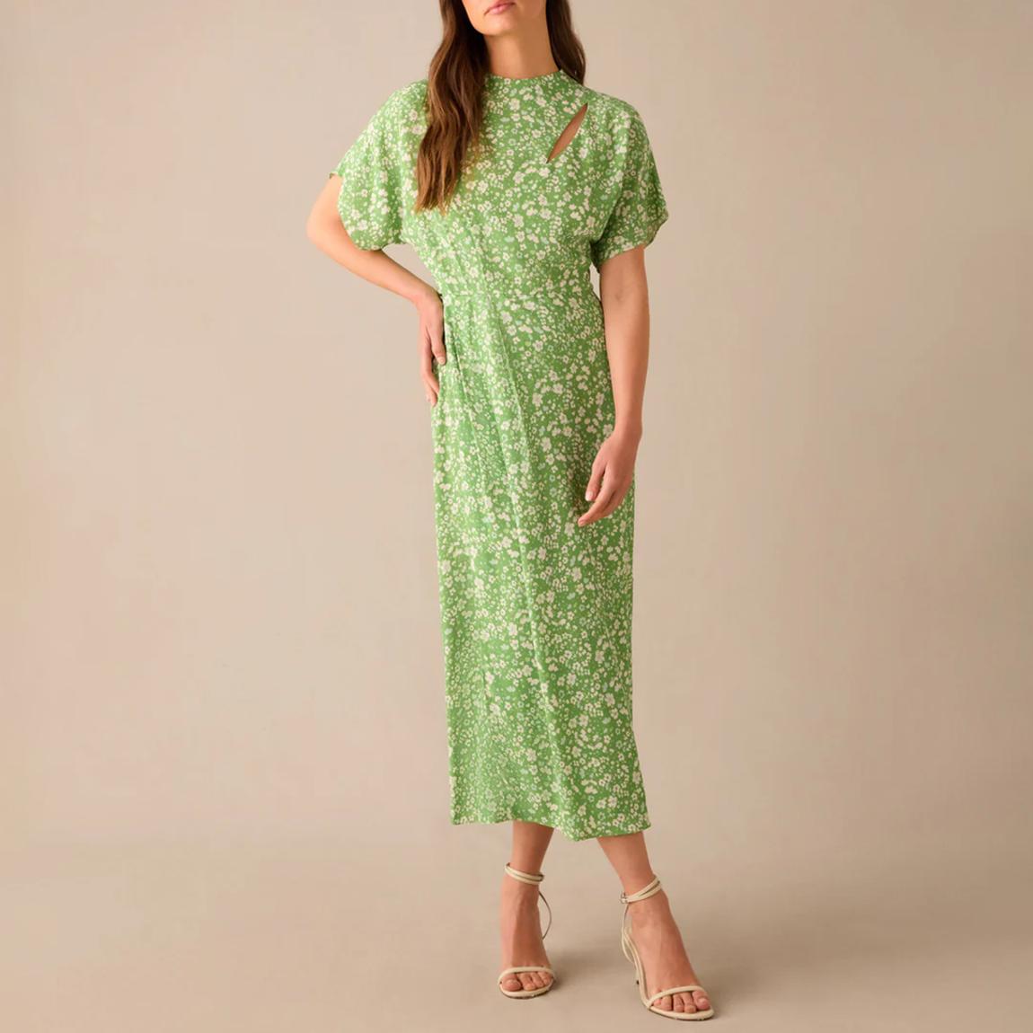 Petite Green Ditsy Print Tuck Waist Midi Dress main product photo