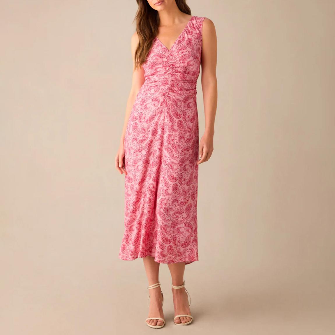 Petite Pink Paisley Ruched Front V-Neck Midi Dress main product photo