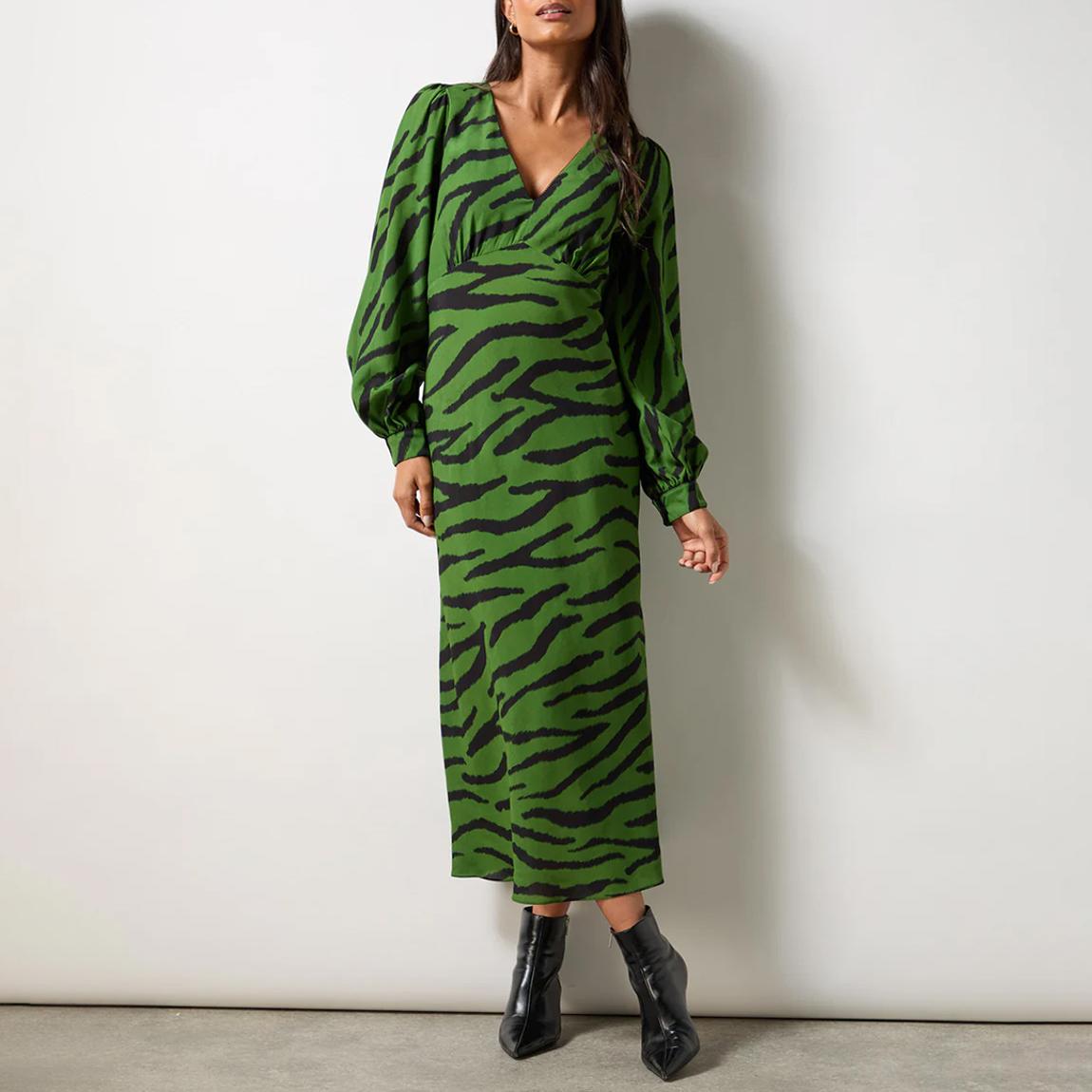 Khaki Zebra Print V-Neck Midi Dress main product photo