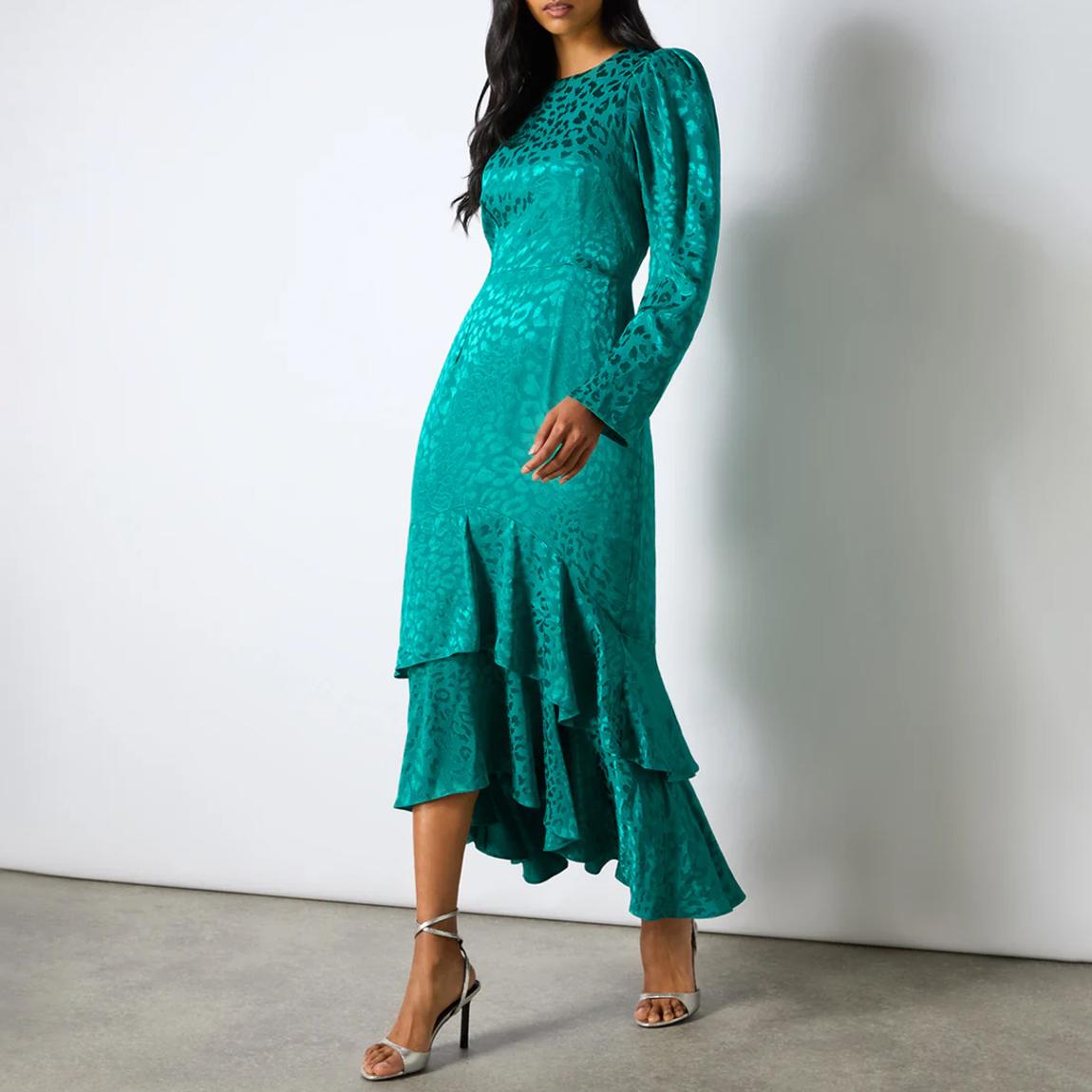 Angelina Teal Animal Jacquard Flute Hem Dress main product photo