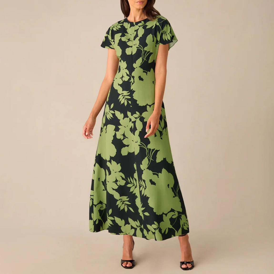 Victoria Green Floral Print Flutter Sleeve Midi Dress main product photo