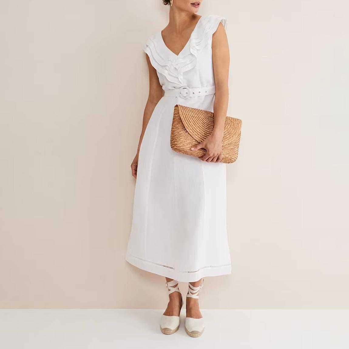 Phase Eight White Julieta Frill Linen Blend Dress - BrandAlley