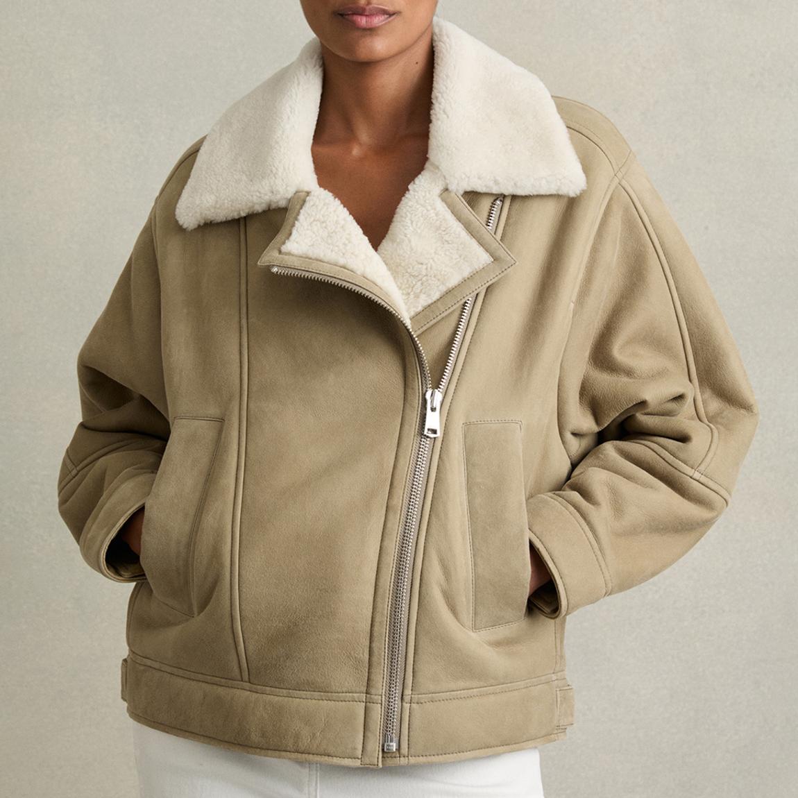 Beige Shearling Lined Leather Aviator Jacket main product photo