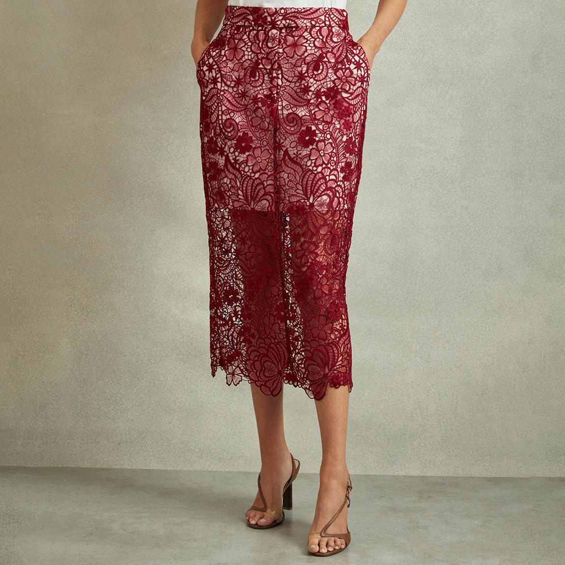 Burgundy Sheer Lace Flo Midi Pencil Skirt main product photo