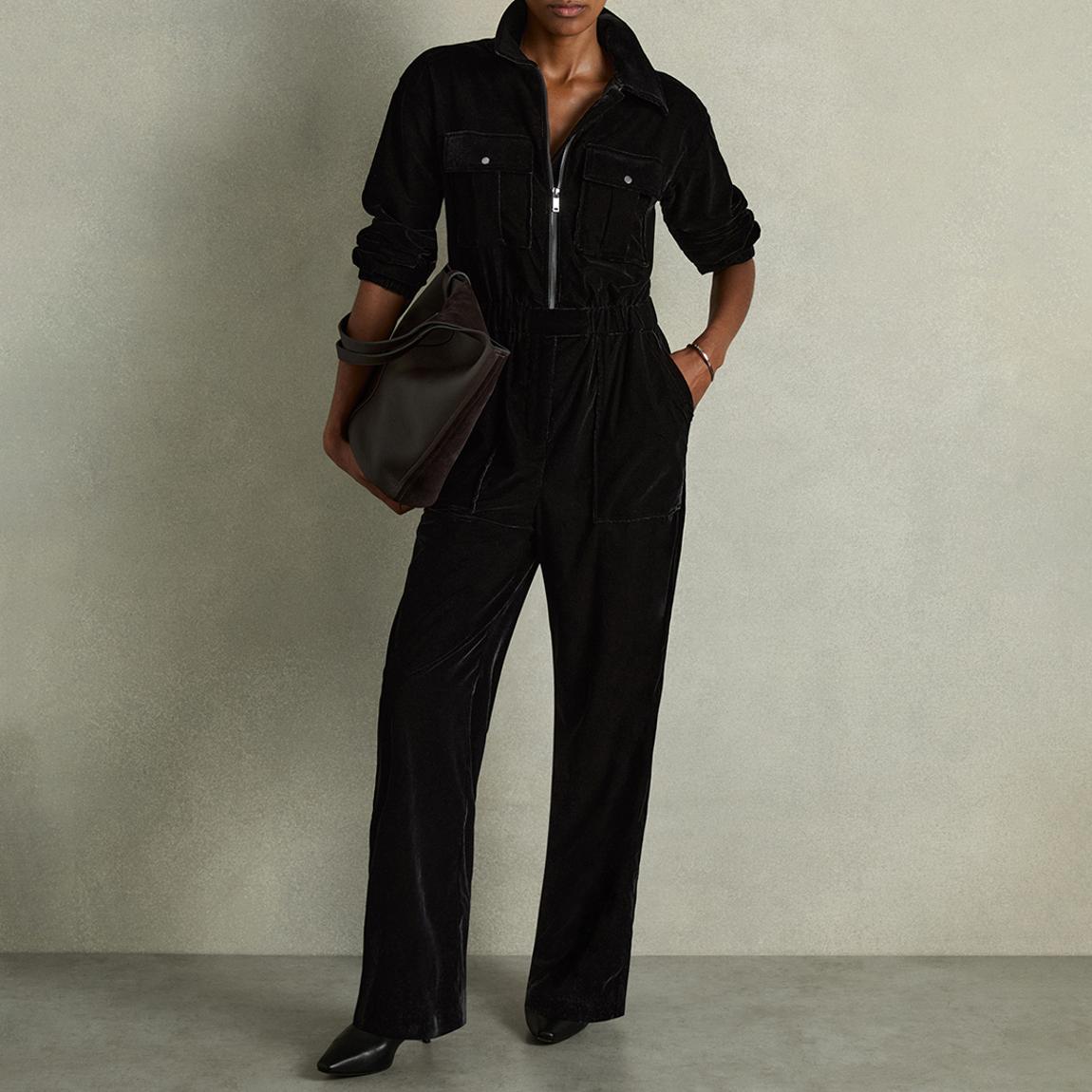 Reiss Black Velvet Zip Jumpsuit BrandAlley
