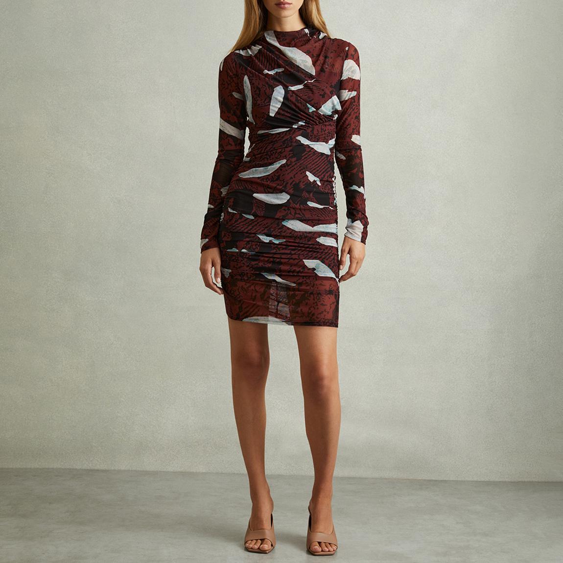 Reiss Burgundy Printed Printed Ruched Mini Dress - BrandAlley Reiss Burgundy Printed Printed Ruched Mini Dress - BrandAlley