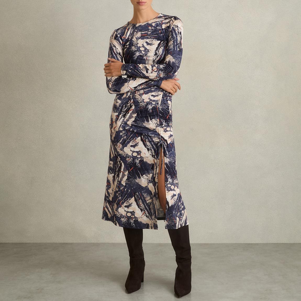 Navy Printed Riyo Ruched Midi Dress main product photo