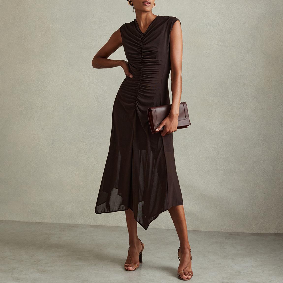 Brown Mesh Ruched Midi Dress main product photo