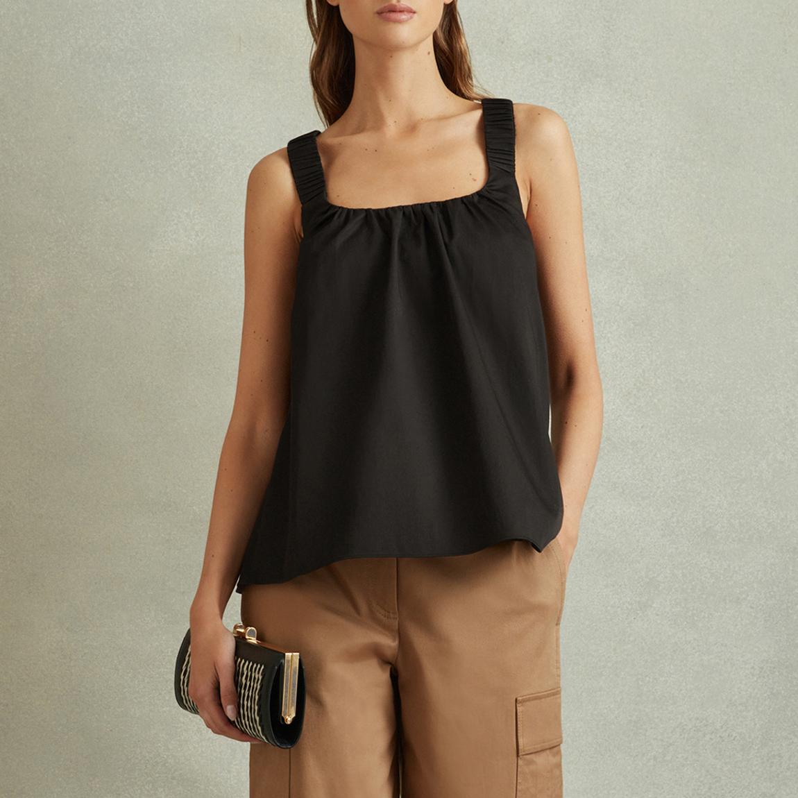 Black Ruched Strap Cotton Top main product photo