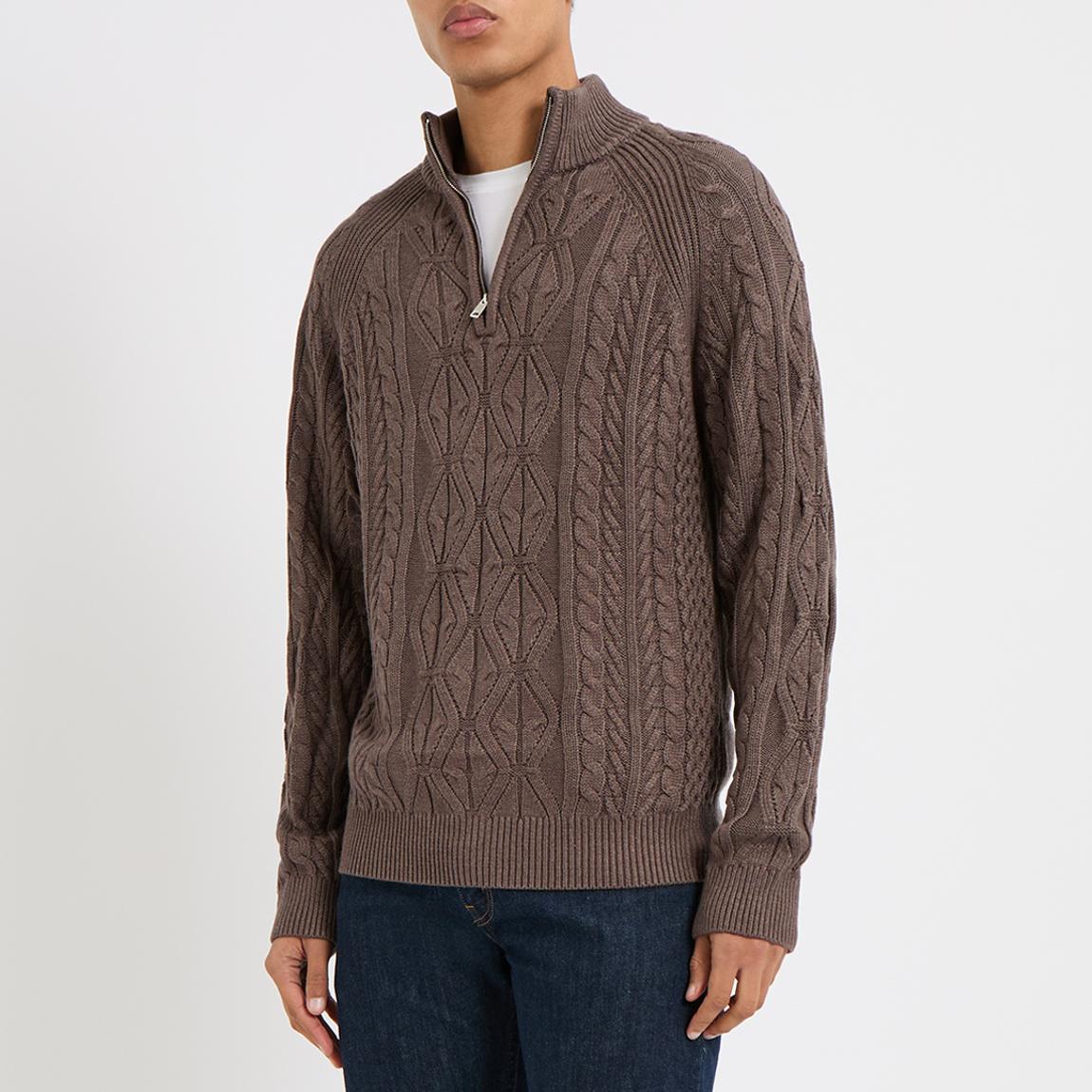Reiss Taupe Cable Knit Lancashire Quarter Zip Jumper - BrandAlley